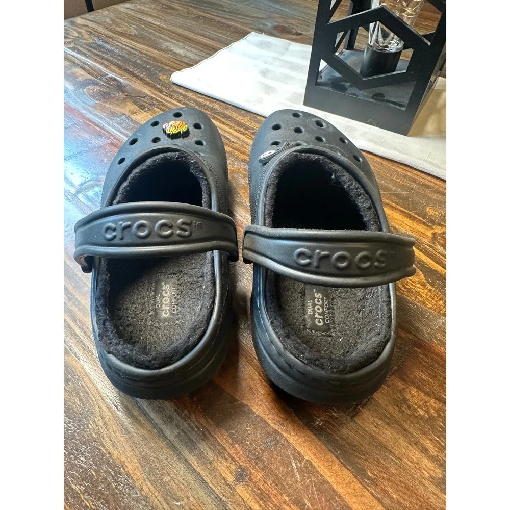 Crocs Classic Lined Clog Black Halloween Jibbitz Kids Size M4 W6 Cozy Slip On